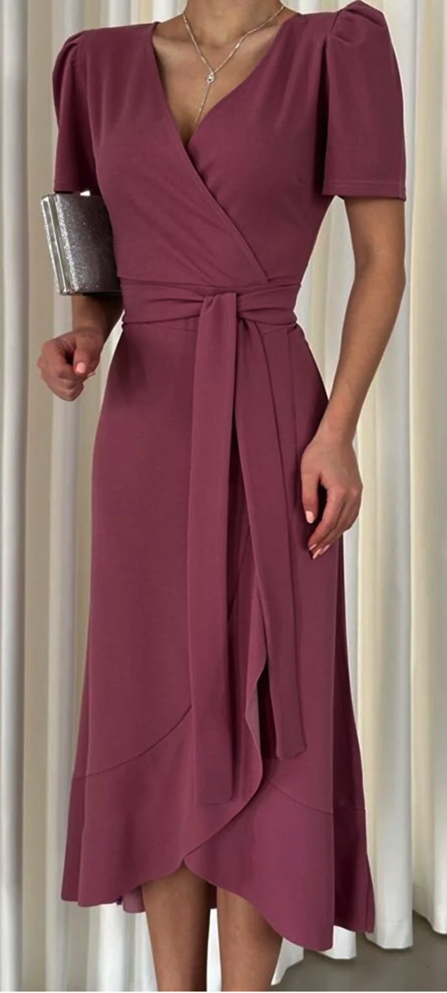 rengamoda Women's  Crepe Fabric Midi Length Belted Dress 120cm ( Short Sleeve )