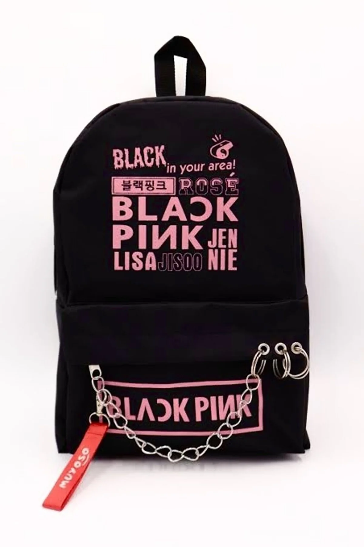 Muyoso Black Pink Themed Piercing and Chain Detailed Backpack - School Bag BlackPinkPiercing