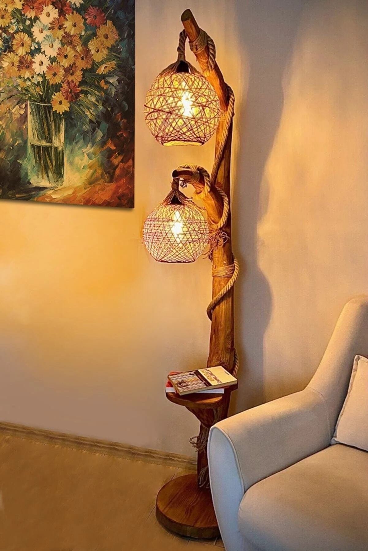 Enhance Your Space with Exquisite Dual Sphere Lighting: Cosargroup Yalıkavak Series Natural Wood Floor Lamp - 140cm