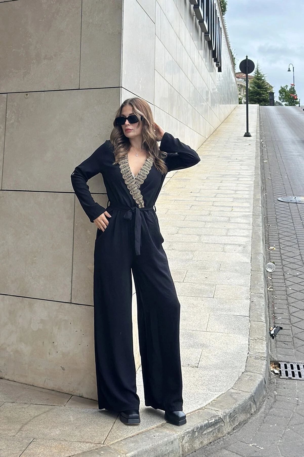 "New Laviva Women's Black Jute Wrap Neck Jumpsuit - Relaxed Fit with Waist Belt and Pockets NY2946