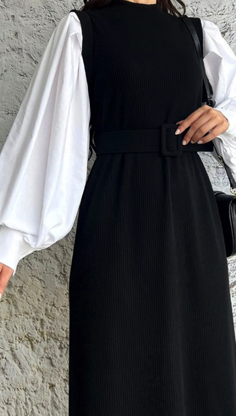 فستان نسائي أسود من وومنس سيبتي مع تزيين الأكمام بطول متوسط وحزام