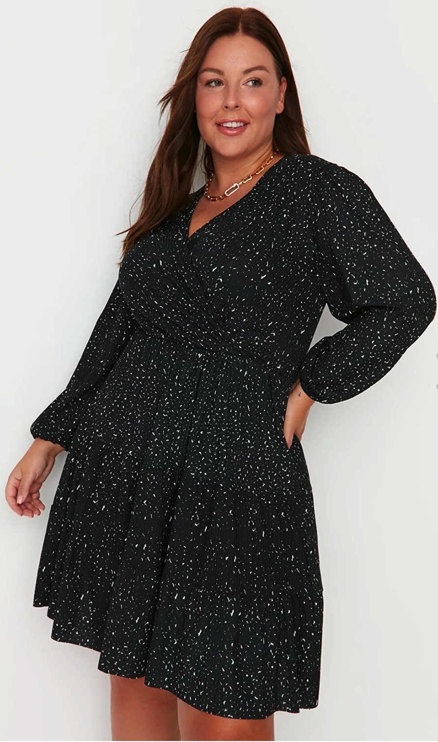 Trendyol Curve Black A-line Knitted Double Breasted Collar Polka Dot Dress