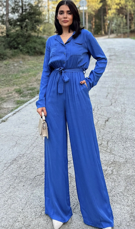 New Laviva Women's Indigo Long Sleeve, Round Collar, Elastic Waist and Belt, Double Pocket, Casual Jumpsuit