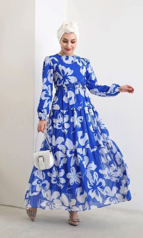 She Olive Renk Tesettür Çiçek Desenli Şifon Elbise -beyaz 3116