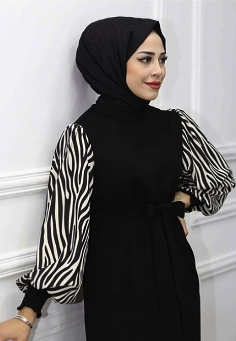 فستان أسود بأكمام طويله مع حزام راقي جدا ، صنع تركيا