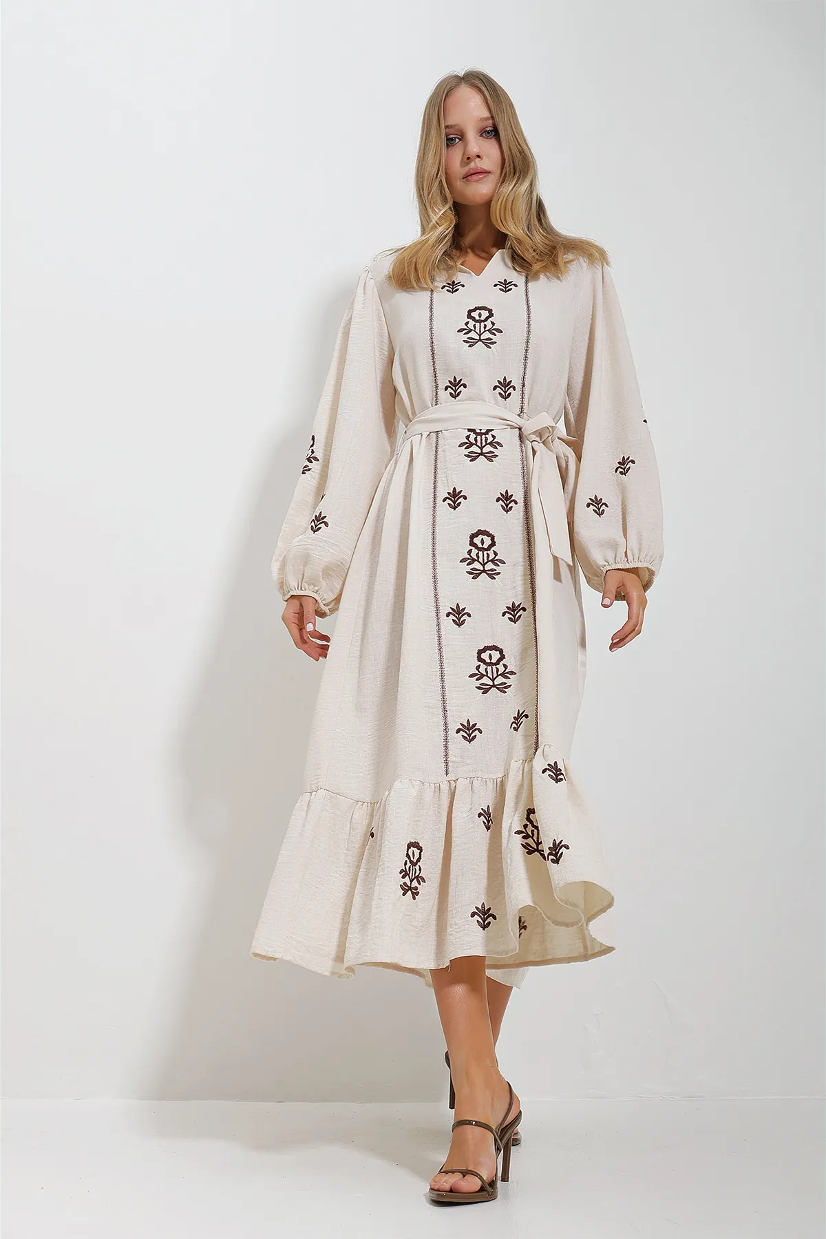 Trendy Aegean Style Women's Beige Maxi Dress with Split Neck, Belt, and Embroidery - ALC-X11645
