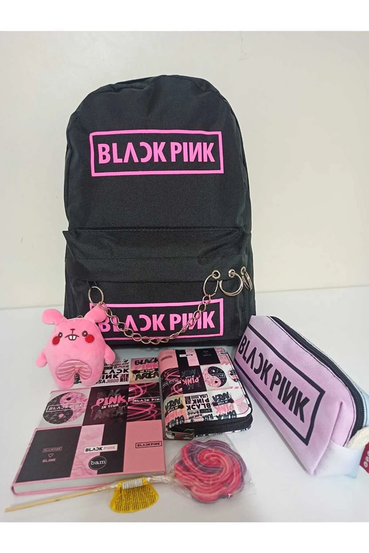 Alanç Gift Black Pink Pierced Chain Backpack and Plush Squirrel Gift Set