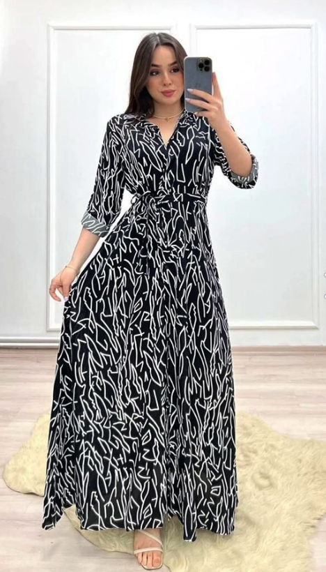 فستان قميص طويل خامه خفيفه صيفيه باللون الاسود