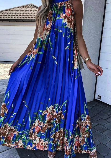 Moda Diyala Imported Ottom Fabric Halter Neck Rose Patterned Pleated Dress MNİ292